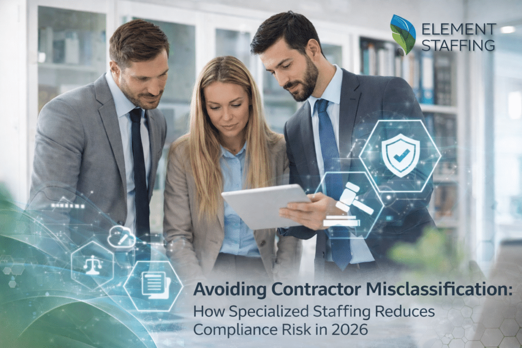 HR manager reviewing contractor misclassification compliance checklist for technical staffing