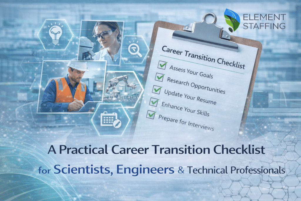 Career transition technical professionals checklist being reviewed by scientist planning next career move