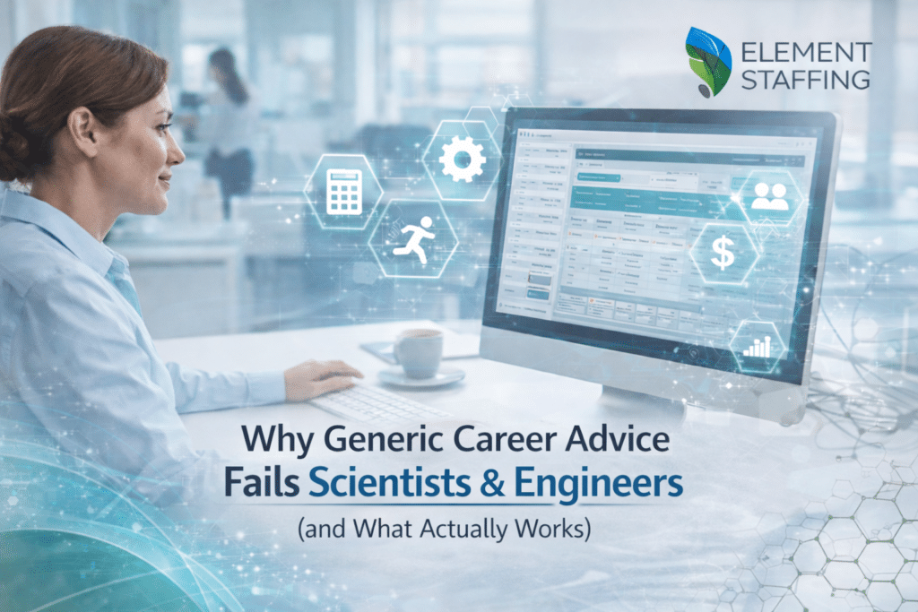 Scientists and engineers discussing effective career advice for technical professionals in laboratory setting